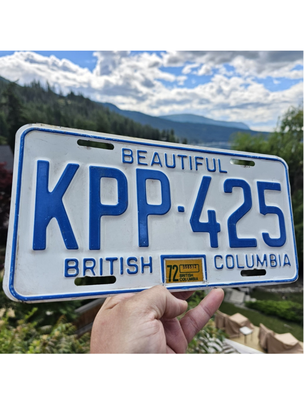 1972 British Columbia License Plate KPP-425 “Beautiful BC” Vintage Blue White